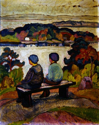 Deux garçons dans un paysage fluvial - Engelbert Gminska