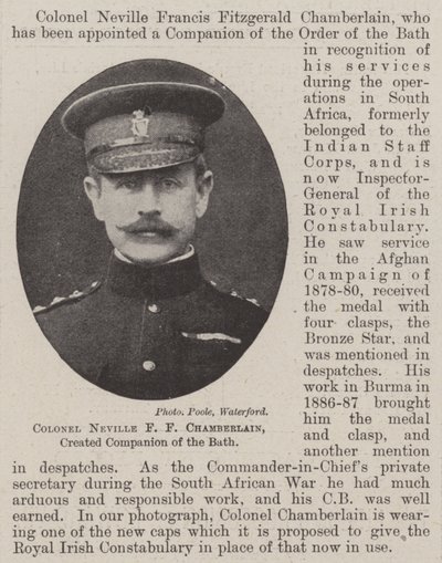 Colonel Neville F F Chamberlain, nommé compagnon de l