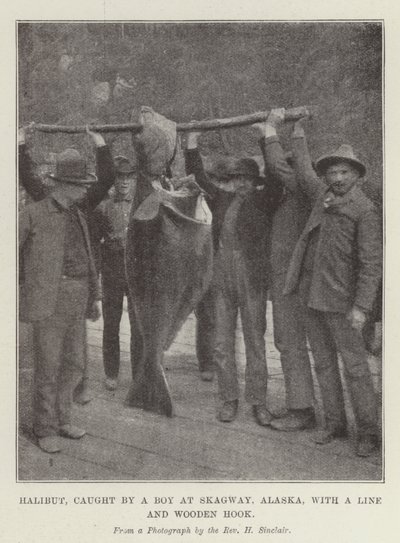 Flétan, pêché par un garçon à Skagway, Alaska, avec une ligne et un hameçon en bois - English Photographer