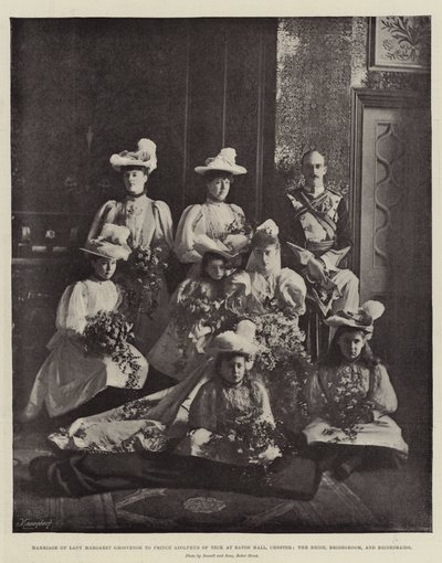 Mariage de Lady Margaret Grosvenor avec le prince Adolphus de Teck à Eaton Hall, Chester, la mariée, le marié et les demoiselles d