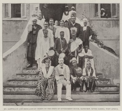 M. Llewellyn et les chefs sénégambiens sur les marches de la maison du gouvernement, Bathurst, rivière Gambie, Afrique de l