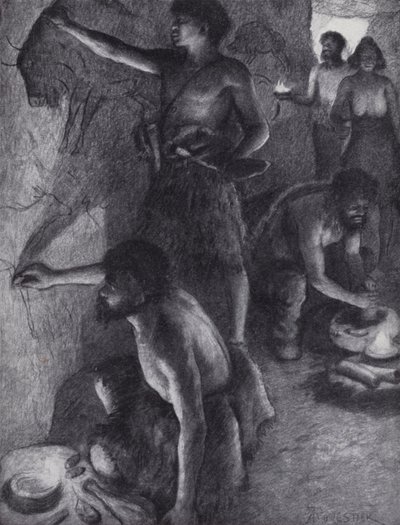 Peuple paléolithique créant des peintures rupestres (lithographie) - English Photographer
