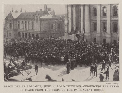 Jour de la paix à Adélaïde, 2 juin, Lord Tennyson annonçant les termes de la paix depuis les marches du Parlement - English Photographer