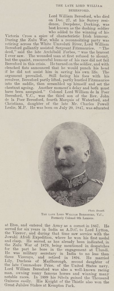 Feu Lord William Beresford, VC, Ancien Colonel des 9e Lanciers - English Photographer