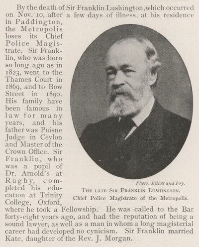 Feu Sir Franklin Lushington, magistrat en chef de la police de la métropole - English Photographer