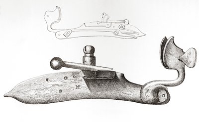 Mousquet à mèche du XVIIe siècle. Mécanisme ou serrure utilisée pour tirer avec une arme à feu portative, tiré de L