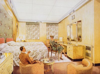 Une chambre à bord du RMS Caronia, vers 1950 - English School