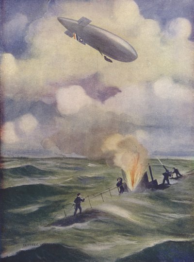 Un dirigeable naval britannique bombardant un sous-marin - English School