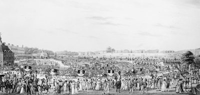 Représentation correcte de la compagnie allant et revenant de la salle de dessin de Sa Majesté au palais de Buckingham, publié par G. Humphrey, 25 mai 1822 - English School