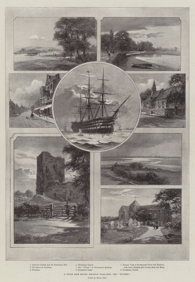 Balade à vélo autour du navire amiral de Nelson, le "Victory" (lithographie) - English School