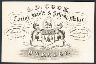 A D Cook, tailleur, fabricant de vêtements et de pelisses, carte de visite - English School
