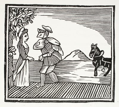 Un gentleman allant consulter Mère Bunch, illustration de Chap-books du XVIIIe siècle par John Ashton, pub. 1882 - English School