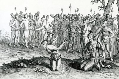 Un roi de Floride consultant son magicien avant de partir au combat, illustration tirée des Voyages et Voyages de Moore - English School