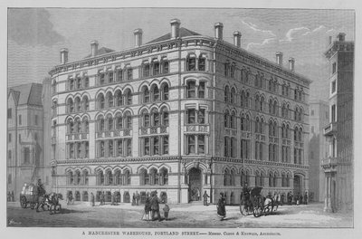Un entrepôt de Manchester, Portland Street, Messrs Clegg et Knowles, Architectes. Illustration pour The Builder - English School