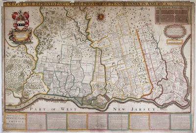 Carte de la partie améliorée de la province de Pennsylvanie en Amérique, par Thomas Holme - English School
