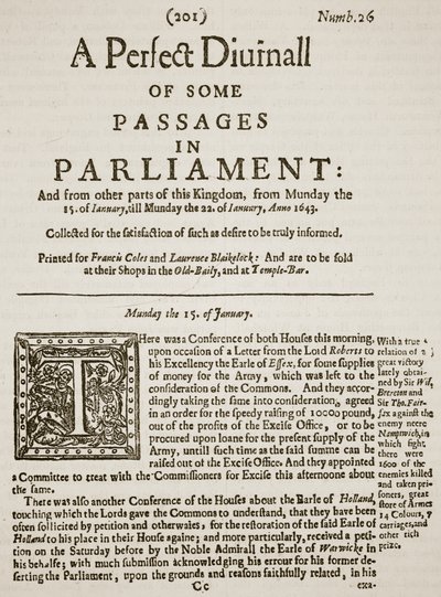 A Perfect Diurnall, fac-similé de la première page du numéro 26, 1643 (illustration de Cassells Illustrated History of England) - English School
