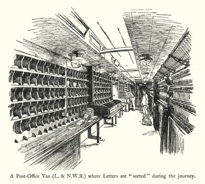Un fourgon postal, L et NWR, où les lettres sont "triées" pendant le voyage (lithographie) - English School