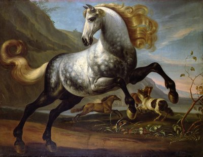 Un étalon cabré avec des étalons se battant - English School