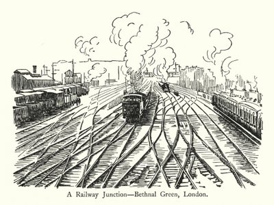 Une jonction ferroviaire, Bethnal Green, Londres (lithographie) - English School