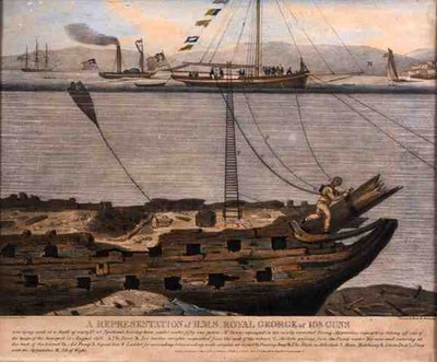 Représentation du H.M.S. Royal George de 108 canons, publiée en 1833 (gravure en couleur) - English School