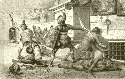 Une fête romaine. Combat de gladiateurs. Le vaincu appelant les spectateurs - English School