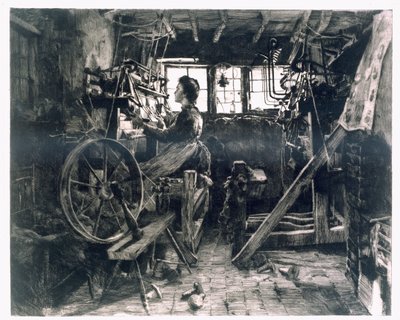 Un atelier typique de tisserands de la première révolution industrielle - English School