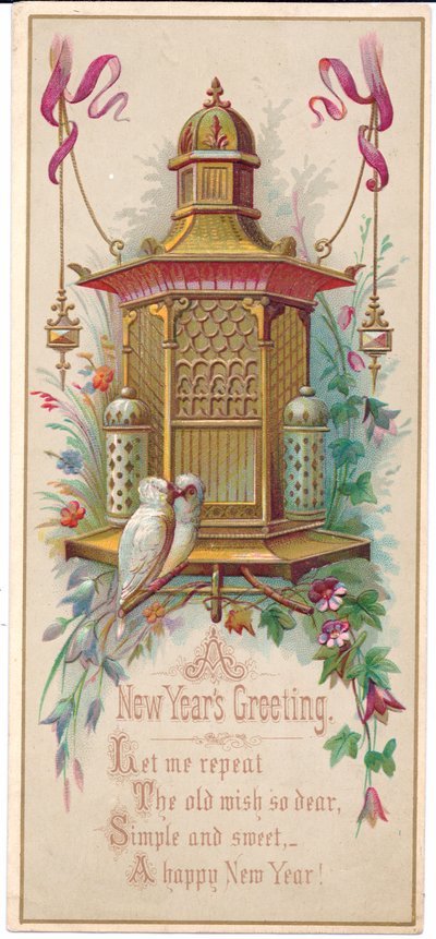 Carte de Noël victorienne représentant une cage à oiseaux élaborée avec une paire d