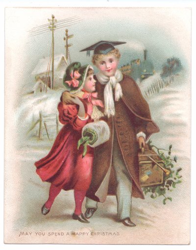Carte de Noël victorienne avec un garçon portant un mortier avec son bras autour d