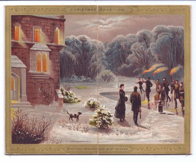 Carte de Noël victorienne de patineurs avec des torches enflammées patinant sur un lac gelé devant un manoir avec des spectateurs et un chien, vers 1880 - English School