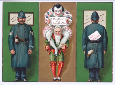 Carte de Noël victorienne avec un bouffon, un clown et un policier, c.1880 - English School