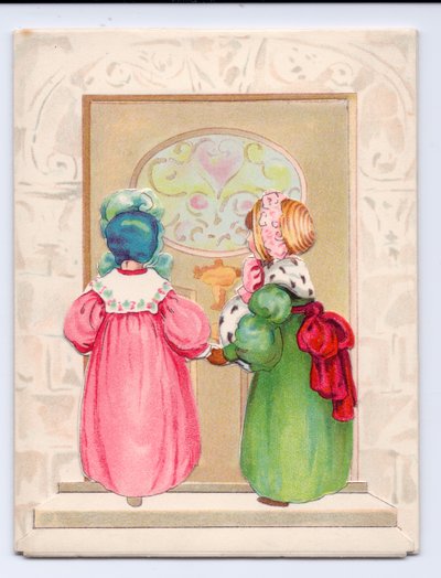 Carte de vœux victorienne avec deux enfants portant des bonnets sur le point d