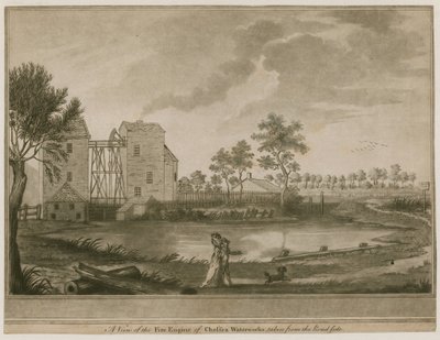 Vue de la pompe à incendie des Chelsea Waterworks, prise depuis le bord de la route - English School