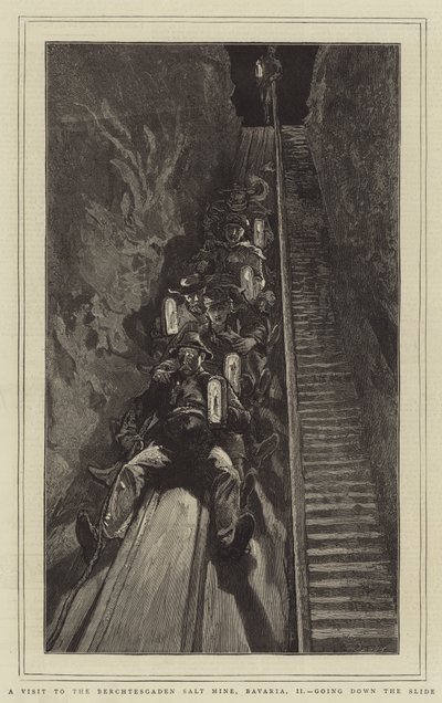 Visite à la mine de sel de Berchtesgaden, Bavière, II, descente sur la glissière (gravure) - English School