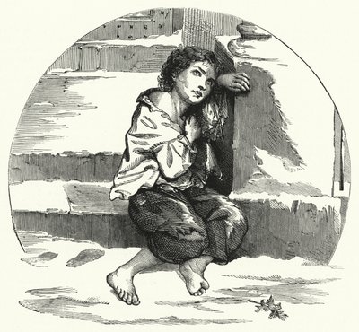 Un garçon mendiant dans la neige (lithographie) - English School