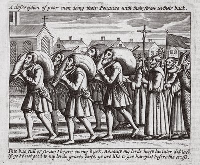 Description des pauvres hommes faisant leur pénitence avec leur paille sur le dos, illustration des Actes et Monuments de John Foxe, neuvième édition, pub. 1684 - English School