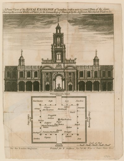 Vue de face du Royal Exchange de Londres avec un plan nouveau et exact de celui-ci - English School