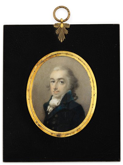 Un gentleman nommé Pryce Edwards en manteau bleu, cravate blanche et perruque poudrée - English School