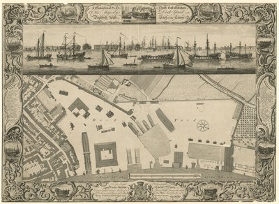 Plan géométrique et élévation nord-est du chantier naval de Sa Majesté à Deptford avec une partie de la ville - English School
