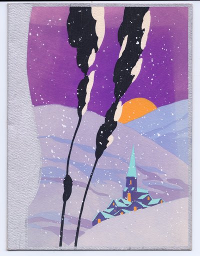 Carte de Noël française pochoir colorée à la main avec une scène de neige dans les montagnes au coucher du soleil et une église, vers 1920 - English School