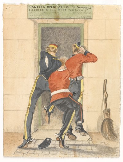 Un hussard, un fantassin et un dragon en uniforme de campagne, se bousculant pour entrer dans une cantine, vers 1890 - English School