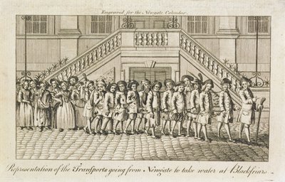 Une ligne de condamnés enchaînés de la prison de Newgate, Old Bailey, emmenés à Blackfriars pour être transportés, vers 1760 - English School