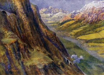 Un chemin de fer de montagne en Suisse (lithographie) - English School