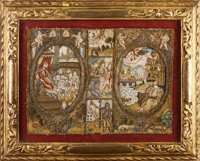 Reliure de livre en broderie représentant des scènes religieuses avec un roi assis et un ange s
