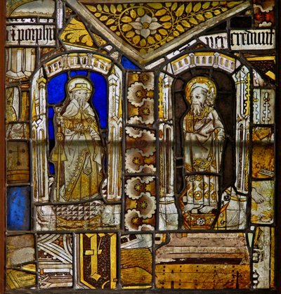Un panneau dans la fenêtre est représentant Saint Jacques avec Saint Paul avec la plante Gromwell au-dessus - English School