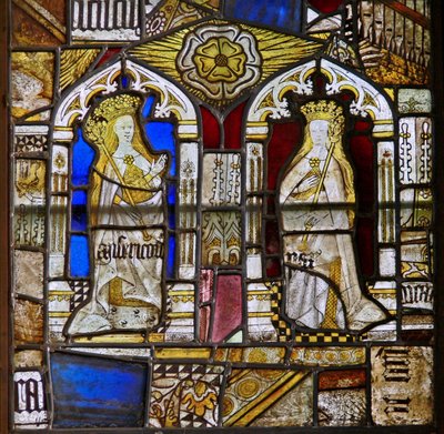 Un panneau dans la fenêtre est représentant les Vertus Cardinales : Miséricorde (Misericordia) et Paix (Pax) et une rose blanche - English School