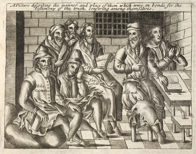 Image décrivant la manière et le lieu de ceux qui étaient enchaînés pour le témoignage de la vérité, se conférant entre eux, illustration des Actes et Monuments de John Foxe, neuvième édition, pub. 1684 - English School