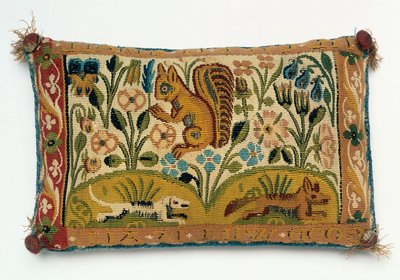 Panneau de tapisserie pour coussin à épingles avec un écureuil et la devise 