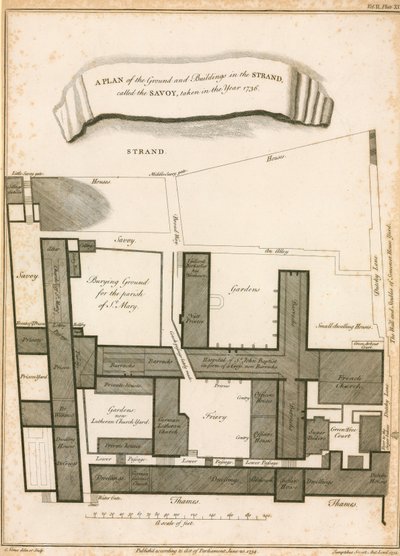 Plan du terrain et des bâtiments dans le Strand appelé le Savoy, pris en 1736 - English School