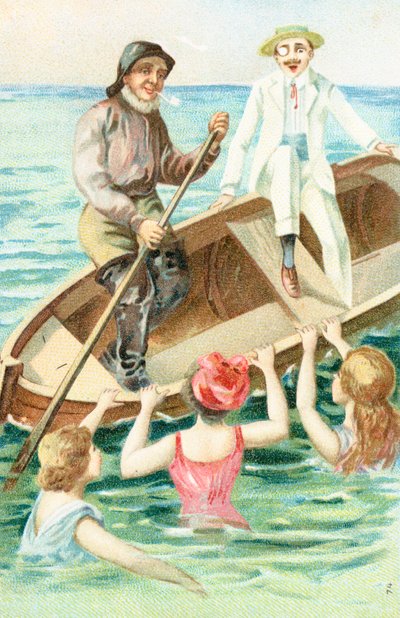 Un marin ramant un bateau alors que des baigneurs tirent sur le côté du bateau - English School