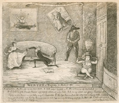 Une scène de la parodie de F. Reynolds Werter, jouée pour la première fois au Théâtre de Covent Garden, Londres, le 14 mars 1786 - English School
